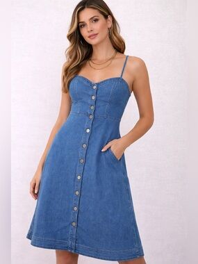 Universal Thread Denim Midi Dress Button Front Smocked Back Pockets NWT M